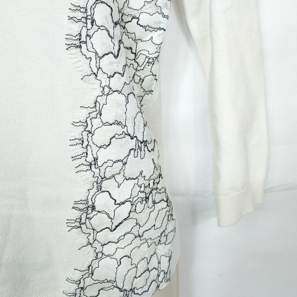 Ann Taylor Heavyweight Sweater Small Cream Geometric Lace Fringe Long Sleeve Item image 2