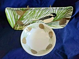 Merritt Melamine Serveware Chickadees Loaf Tray and Bowl Art by Kate Nel... - £33.77 GBP