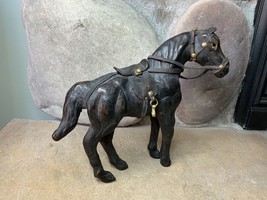 Vintage Leather Wrapped Horse Equine Figure Statue 7” Dark Brown English Saddle - $68.26