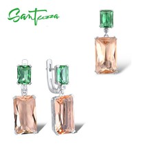 Pure 925 Sterling Silver Jewelry Set for Women Octagon Green Champagne Crystal P - £45.07 GBP