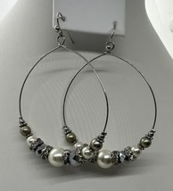 Faux Pearl &amp; Rhinestone Hoop Fish Hook Earrings 2&quot; Diameter - $117.00 MXN