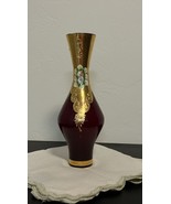 Vtg RARE Ruby  Gold Bohemian Czech Glass Vase  Enamel Flowers 9.5” Tall - $27.15 CAD