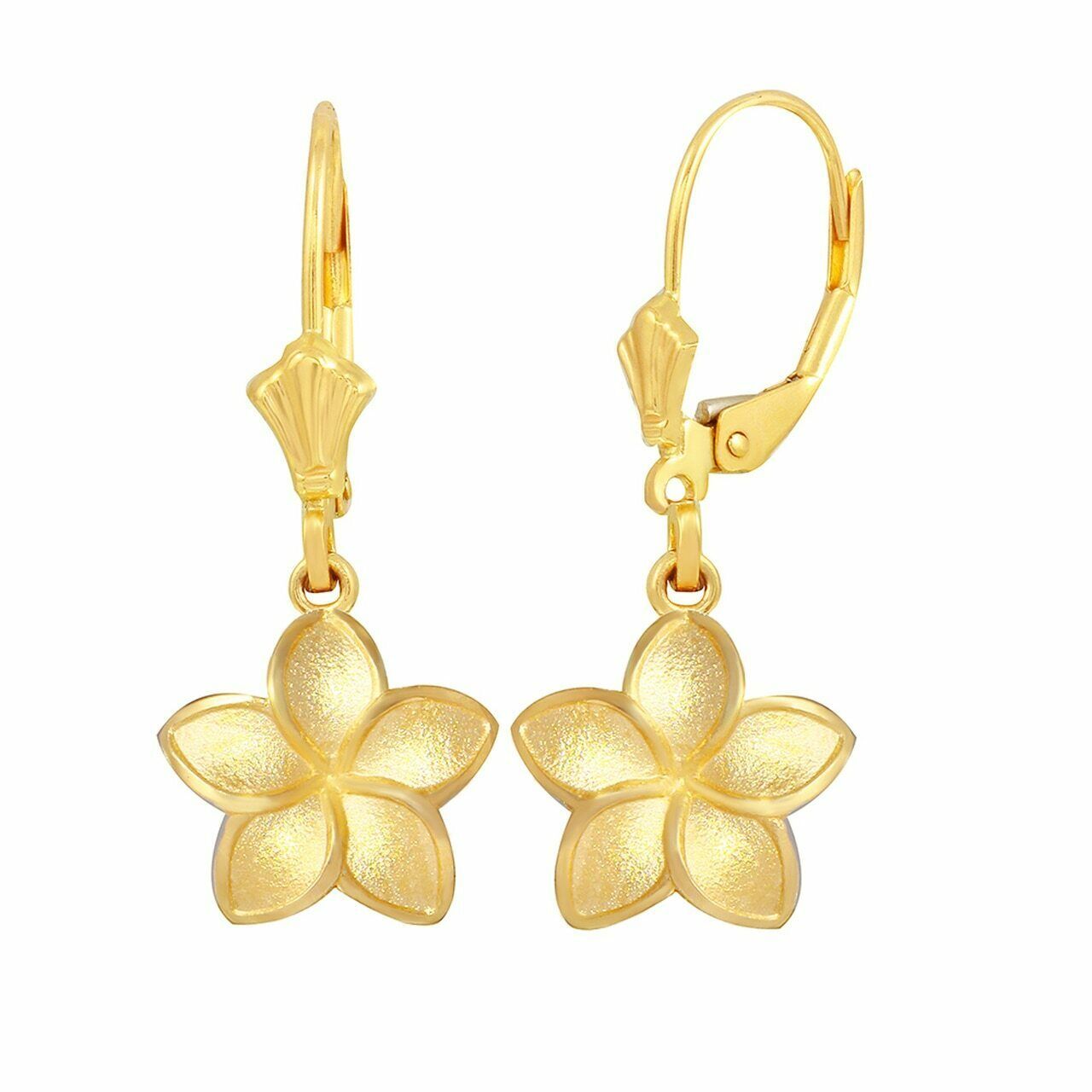 Primary image for Solid 10k / 14k Yellow Gold Small Five Petal Plumeria Flower Matte Earrings Set