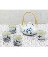 Blue Oriental Bamboo Branches And Leaves Design Porcelain Tea Pot And 4 ... - $38.22 CAD