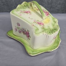 Antique G Bros Stoke-On-Trent c. 1891-1900 Covered Cheese Dish White Green Flora - £54.18 GBP