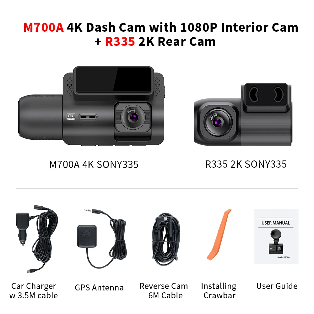 EKIY M700A 3 Camera Lens Car DVR 3-Channel Dash Cam 4K 1080P 2K Dash Camera GPS  - £277.58 GBP