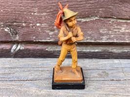 Vtg Anri Barefoot Boy W/ Sack On Pole Wood Hand Carved Ulrich Bernardi Miniature - £31.69 GBP