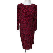 Evan Picone Black Label Red Black Floral Gathered Waist Long Sleeve Dres... - $32.47