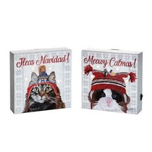 Fleas Navidad! Meowy Catmas! Cat Themed LED Lighted Christmas Decor Set of Two - £30.31 GBP