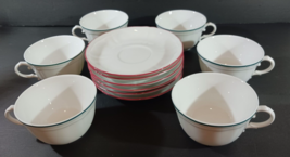 Set Of 6 Richard Ginori Italy Corona Tea Cups Saucers 8.5 Oz Green Red Stripe - £101.77 GBP