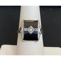 Art Deco Yellow Gold Onyx &amp; Colorless Sapphire Signet Ring Size 7.5 Sky - $279.18