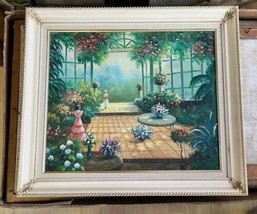 Original W. Hodges Painting Oil On Canvas Garden Colorful Flowers Signed Framed  - £316.97 GBP
