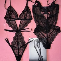 Victoria&#39;s Secret 34D M thong TEDDY BODYSUIT LOT of 2 BLACK LACE MESH ST... - £103.59 GBP