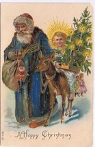 Christmas Card Embossed Blue Dressed Santa Angel Donkey Postmark 1909 Germany - £46.67 GBP