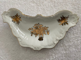 Gold On White Trinket Dish Rose Pattern - Crescent Moon Shape - Japan - £7.08 GBP