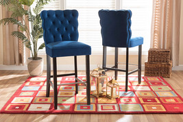 Nevena Navy Blue Velvet Fabric Dark Brown 2Pc Bar Stool Set - $221.00