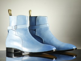 Handmade Men&#39;s Light Blue Jodhpur Leather Ankle Boots, Men Designer Buckle Boots - £127.88 GBP