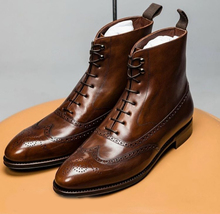 Handmade Wing Tip Lace Up Brogue Boot, Men&#39;s Dark Brown Color Leather Ankle High - £118.63 GBP