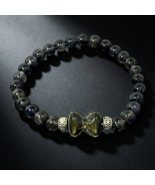 Iolite Bracelet 7mm Gold Sheen Obsidian Bow Bead Copper Coin Spacer Unisex - $42.99