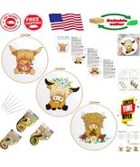 DIY Cross Stitch with 3 Highland Cow Pattern Kits - Perfect for All Ages - $29.22 CAD