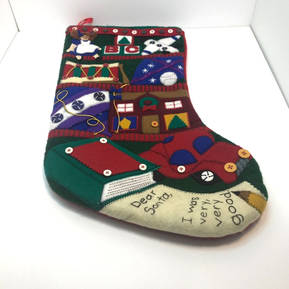 Primary image for Christmas Stocking Dear Santa Buttons, Ribbons, Toys and Drum Design Felt