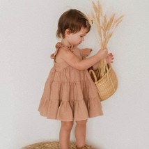Linen dress baby girl ruffle solid color summer toddler dress cotton nat... - £48.03 GBP