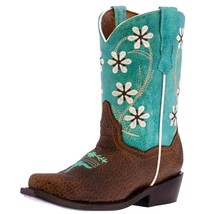 Kids Girls Leather Western Boots Teal Leather Flowers Snip Size 7, 8, 12... - $54.99