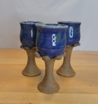 3 Signed Art Pottery Goblets Chalice Wine Glasses Stoneware Blue Brown 6.75” - £19.66 GBP
