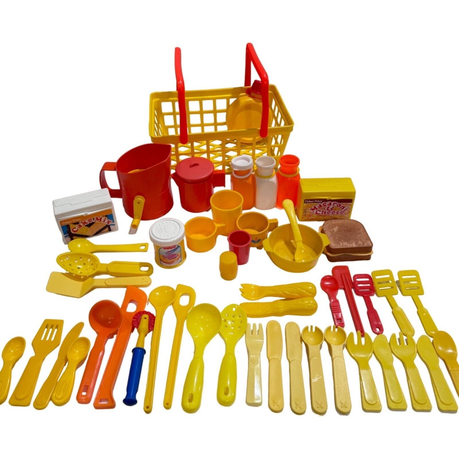 51 Vtg Fisher Price Fun With Food Play Food Grocery Basket Kitchen Pretend Play - $26.09