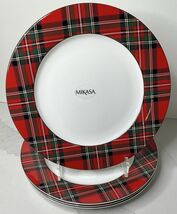 4 Mikasa Dinner Plates Bone China Christmas Tartan Plaid Red 11” New - $59.35