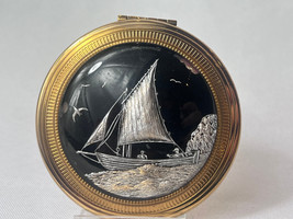 KIGU Compact Sail Boat Reverse Painting / Carved Lucite Vtg Mirrored Pow... - $29.65