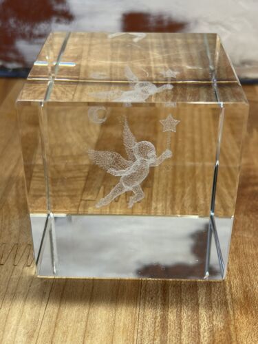 Paperweight 3D Laser Etched Crystal Glass Cube Cupid Cherub 2.25x2.25” - $5.69