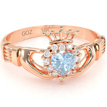 Claddagh Aquamarine Diamond Ring In Solid 14k Rose Gold - £485.96 GBP