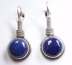 Lapis Lazuli Round 925 Sterling Silver Hook Drop Earrings Hypoallergenic - £16.87 GBP