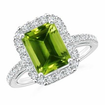 ANGARA Natural 2.83 Ct Emerald-Cut Peridot Halo Ring in 14K Solid Gold - £1,864.73 GBP