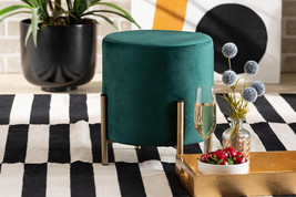 Bisset Green Velvet Fabric Upholstered and Gold Finished Metal Ottoman - $510.65 MXN