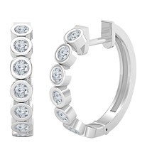 925 Sterling Silver Round Simulated Diamonds Bezel Set Hoop Earrings Summer Sale - £58.69 GBP