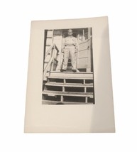 Army Soldier World War 2 Standing On Front Porch Black &amp; White Photograp... - £5.34 GBP
