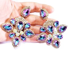 Rhinestone Clip On Earrings, Chandelier Drop Earrings, Purple AB Pageant Earring - £35.68 GBP