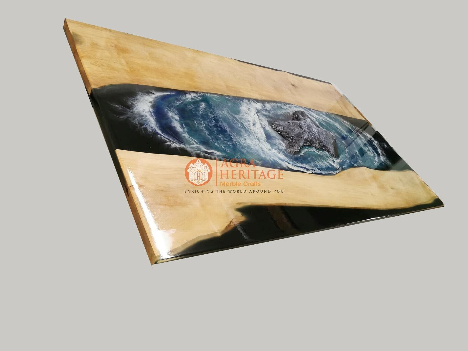 Ocean Wave Wooden Acacia Handmade Epoxy Resin River Din Table Top ...