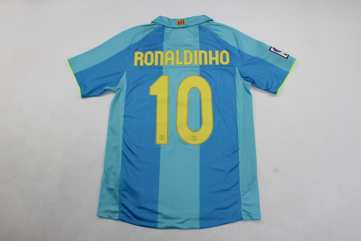 Fc barcelona jersey 2007 2008 shirt ronaldinho away blue short sleeve lfp