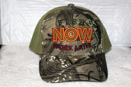 Fish Now Work Later Fishing Fisherman Bass Baseball Cap ( Olive Green &amp; Camo ) - £9.02 GBP