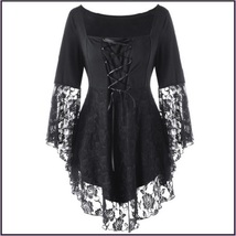 Black Plus Size Gothic Lace Up Front Flare Sleeves Irregular Extended Lace Hem