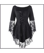 Black Plus Size Gothic Lace Up Front Flare Sleeves Irregular Extended La... - £68.27 GBP