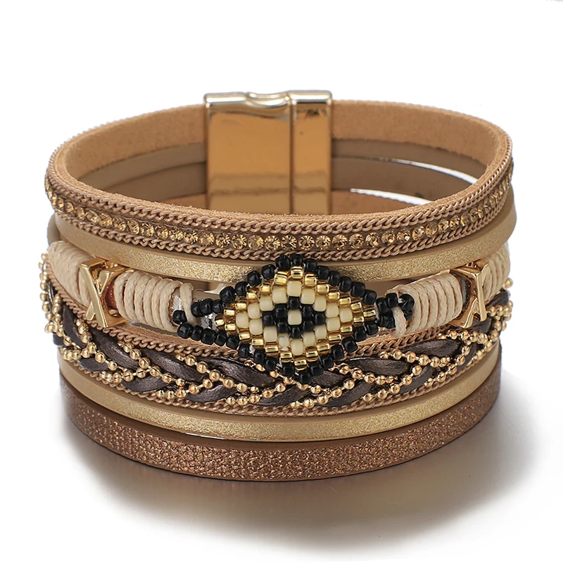 Evil Eye Leather Bracelets For Women Fashion Ladies Bohemian Wide Wrap Charm Bra - £15.62 GBP
