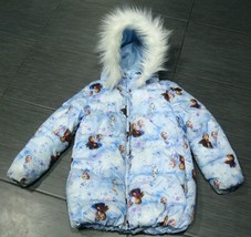 H&amp;M Disney Frozen Girls Winter Zip Up Puffer Jacket Coat Faux Fur Hood 7-8 Years - £46.92 GBP