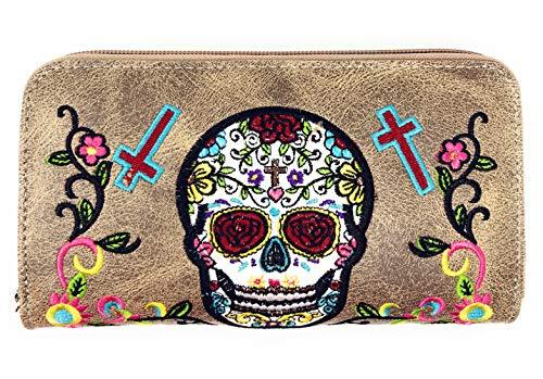 Western Sugar Skull Womens Embroidery Flora Cross Double Zipper Wallet - $23.99