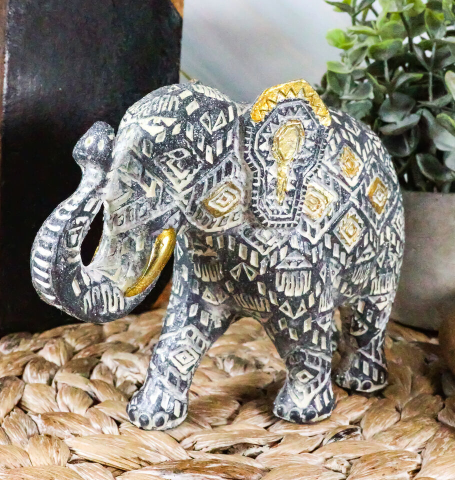 Ebros Silver Gold Patterned Elephant 6.5&quot;L Feng Shui Elephant Mother Fig... - $22.99