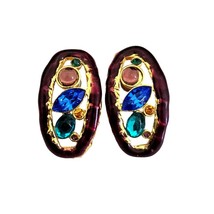 Multi-Color Vintage Gold Tone Glass Cabochons Pierced Earrings - £7.90 GBP