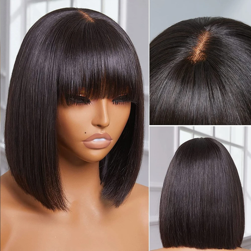 Fake Scalp Wigs Straight Human Hair Wigs With Bangs 180 % Density Brazili - £41.73 GBP+